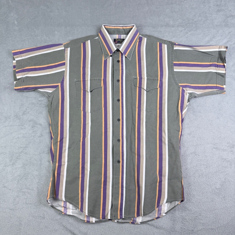 Ruddock Bros Mens Western Shirt Short Sleeve Striped Cotton Green Purple M/L USA